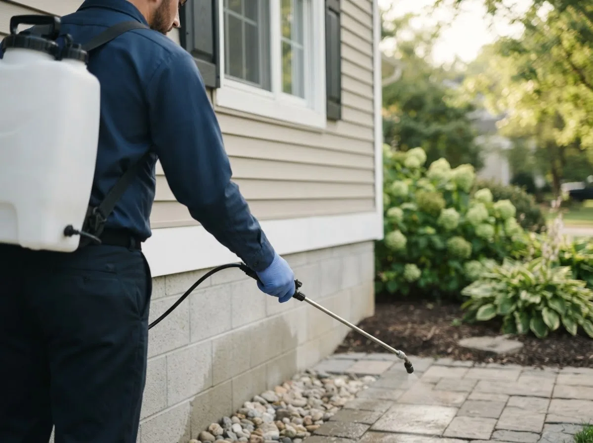 Pest control technician inspecting a home in Peck, KS